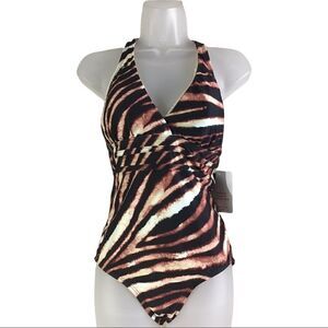 Athena Brown Tiger Stripe Print Cross Strap Halter Swimsuit